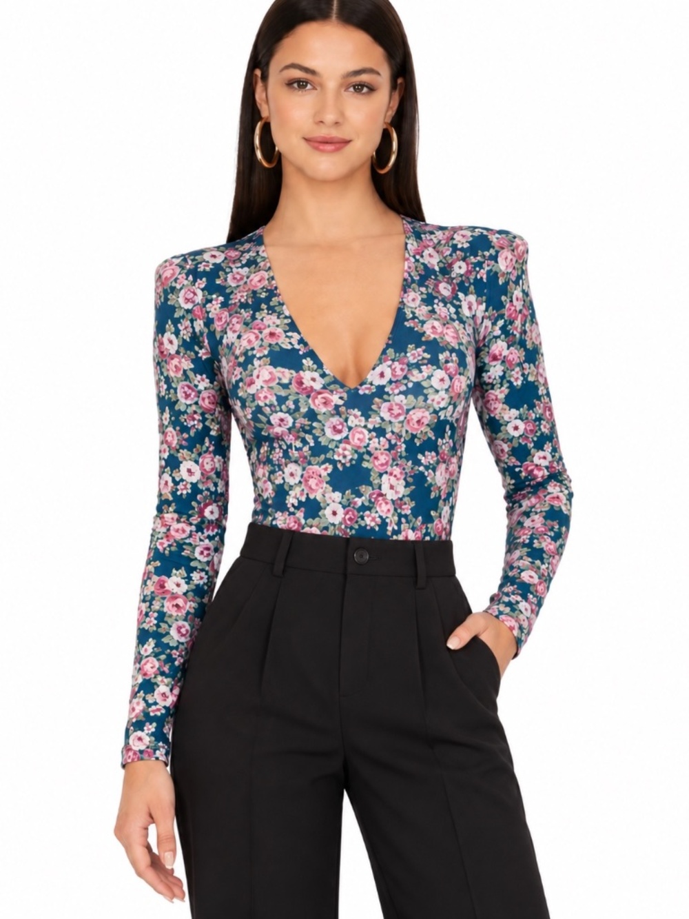 AFRM NWT Sybil Blush Bouquet Floral Deep V Padded Shoulder Bodysuit Women Size M